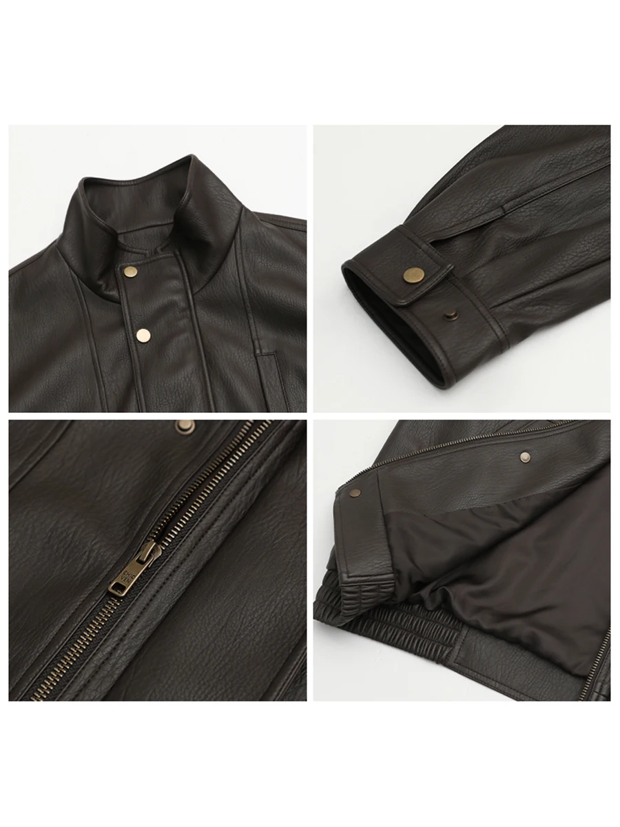 شيك فين المرأة معطف جلد صناعي فضفاض عادية جديدة ريترو يندبروف الوقوف طوق سبليت سترة بولي يوريثان الإناث خريف شتاء 2025 #4