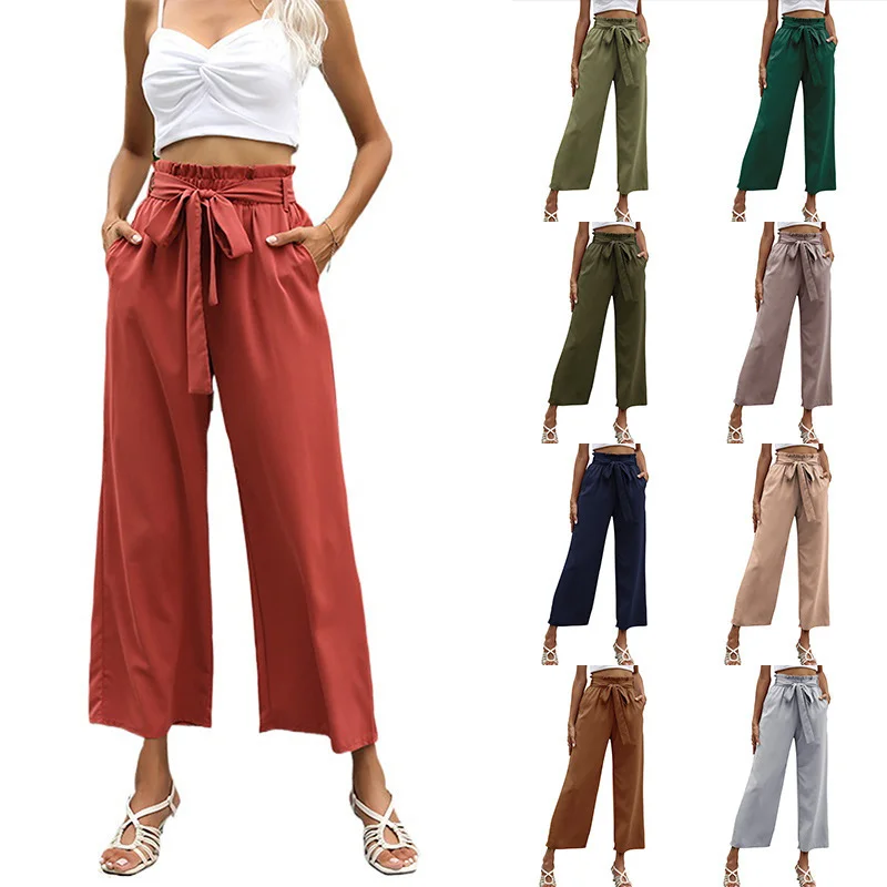 

2024 Women'S Wide Leg Casual Pants High Waist Adjustable Tie Knot Business Work Baggy Trousers With Pockets Summer Loose Palazzo