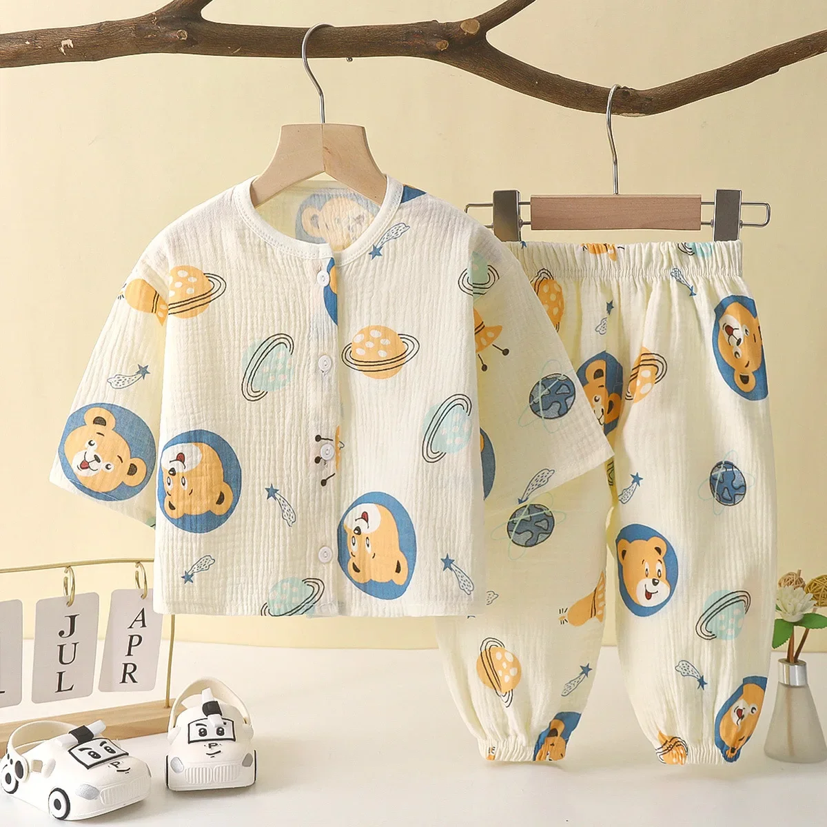 Kids Summer Thin Pajamas Sets New 2024 Boys Girls Cartoon Three-quarter Sleeve Cotton Yarn Shirt Tops with Pants Baby Sleepwear