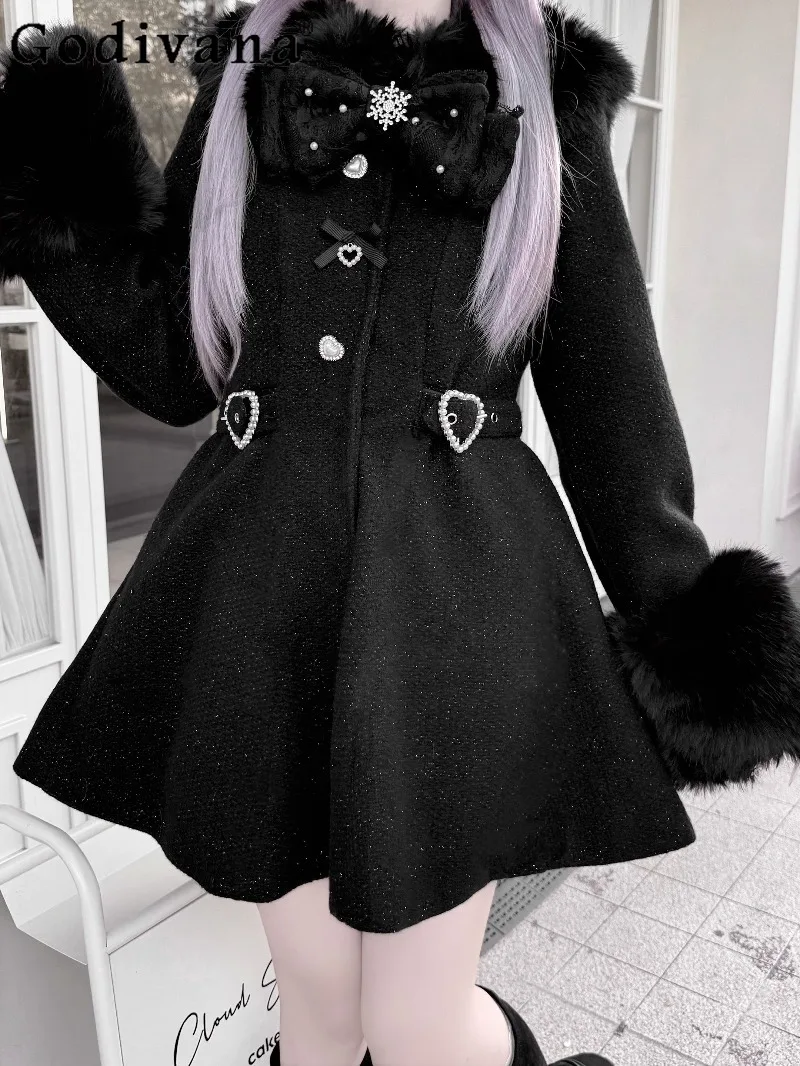 Abrigo de producción en masa con lazo y diamantes de imitación, diseño Original japonés de Lolita, chaqueta cálida y gruesa de estilo minero terrestre