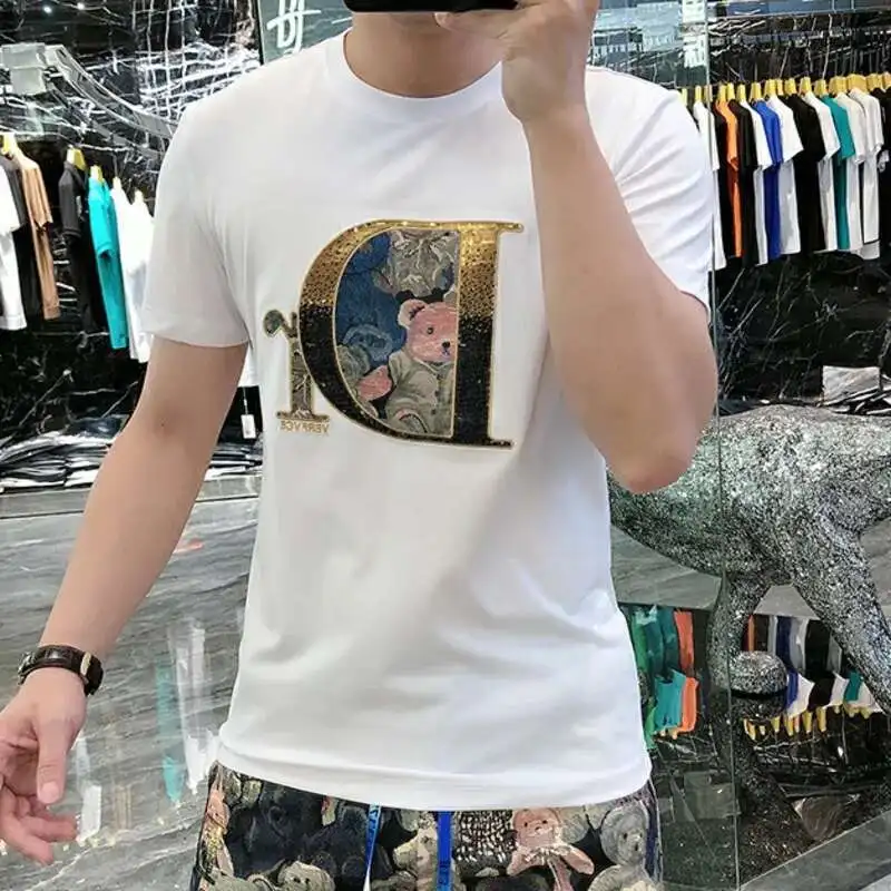 2023 Contrast Print Pattern Short-sleeved T-shirt 2-piece Suit Men's Slim Suit Sportswear Tops + Shorts Tracksuit Men Set