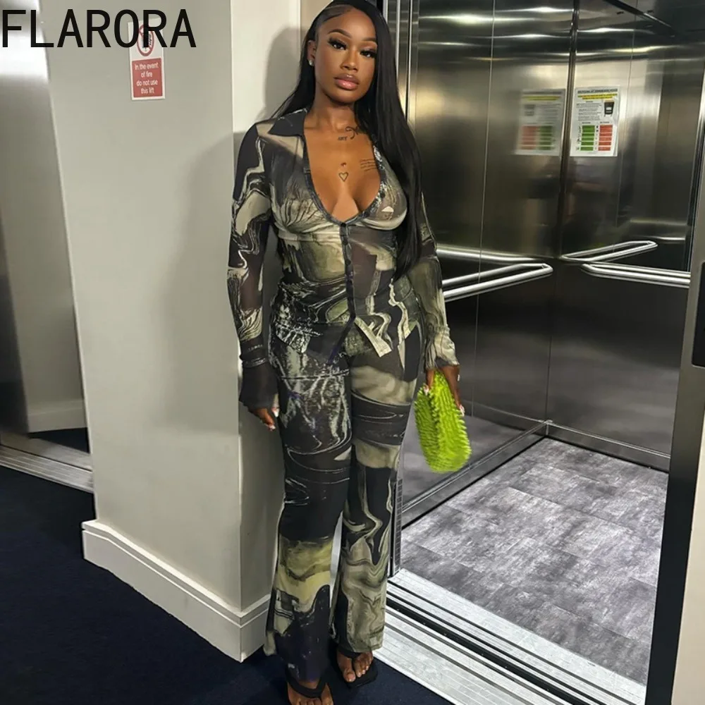 

FLARORA Vintage Tie-dye Printing Two Piece Sets Woman Lapel Single Breasted Shirts And Pants Outfits Fashion Female Streetwear