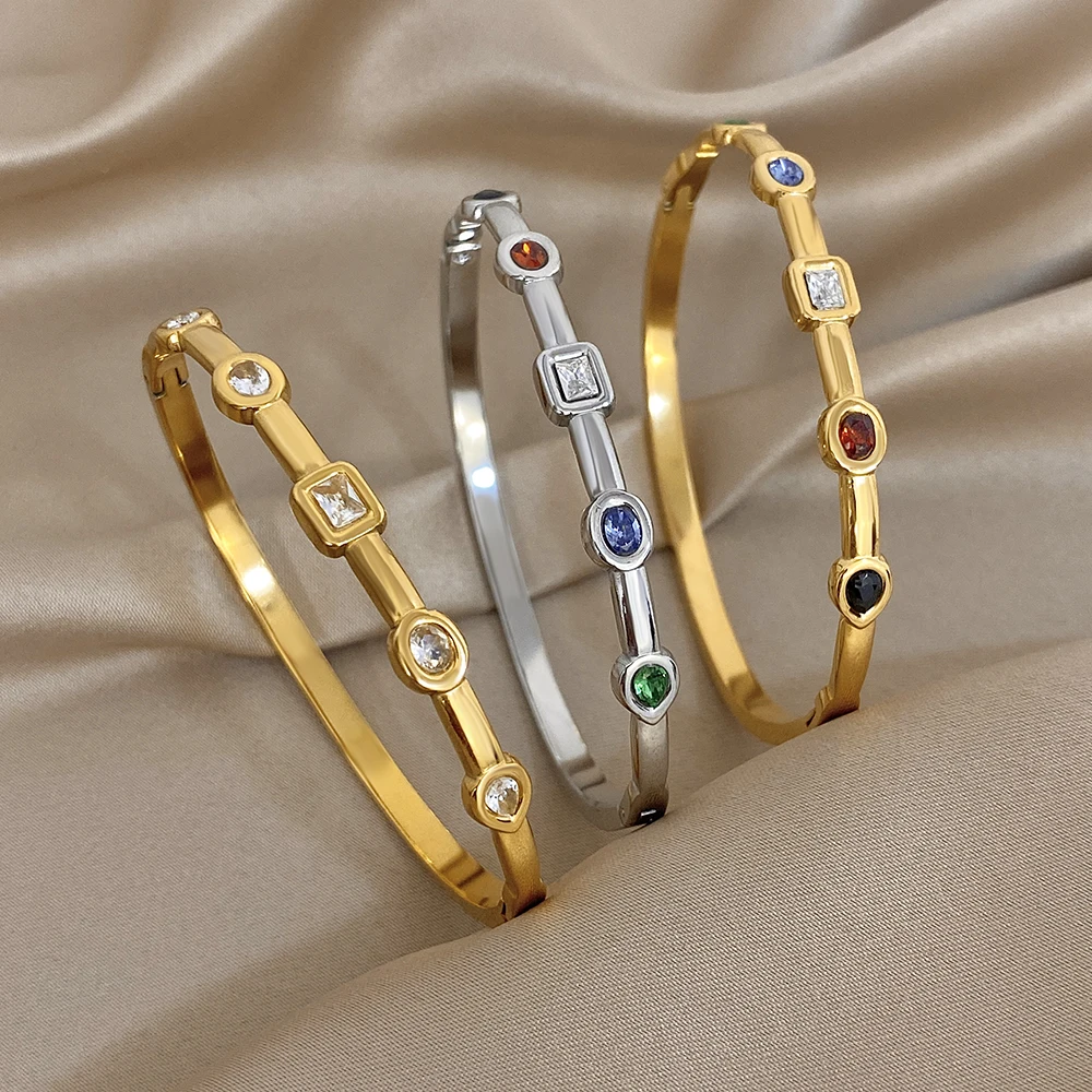 

DODOHAO Exquisite Zircon Stainless Steel Bracelet Women 2026 Fashion Waterproof Gold Color Spring Buckle Bangle Bracelet Gift