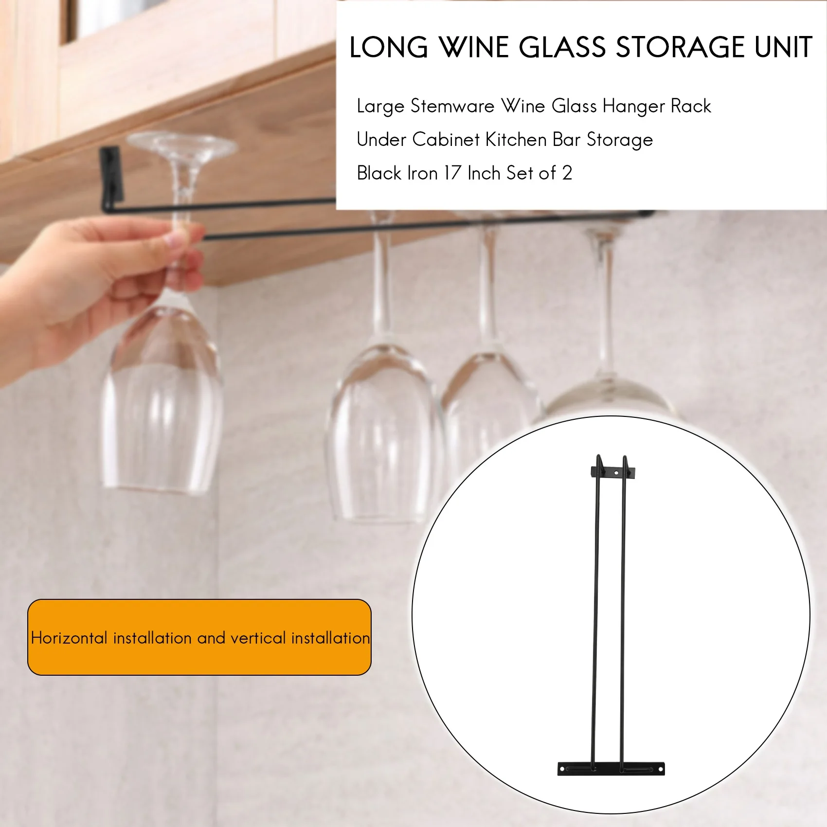 Grande Stemware Wine Glass Hanger Rack, sob o armário, Cozinha Bar Armazenamento, 17 "Conjunto de 2