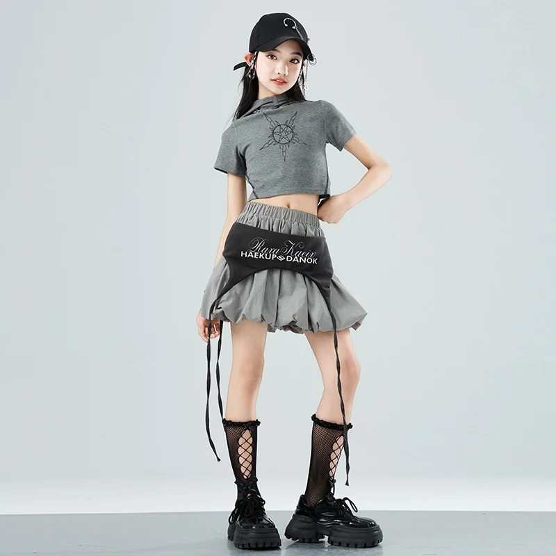 Meninas rua jazz dança traje hip hop outfit crianças desempenho roupas cinza colheita topos saia crianças streetwear xh2681