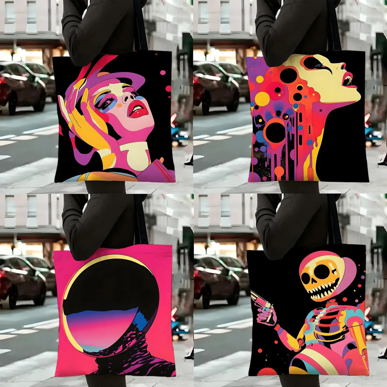 Trendy Illustration Style MJ  Storage Bags Bag Canvas Shoulder Bag Reusable Eco Friendly Gym Sack Ideal For Yoga Office Commute