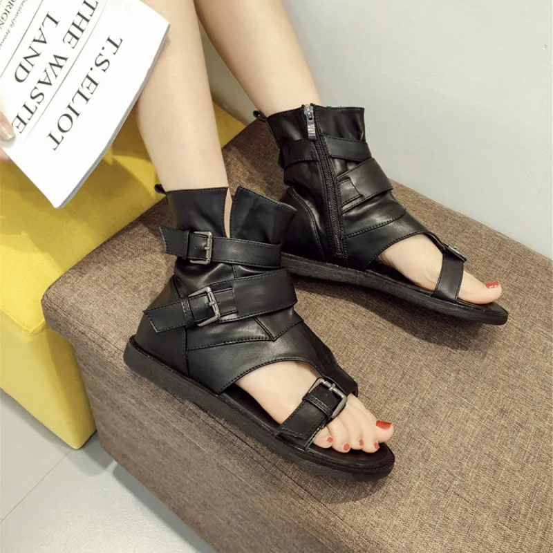 Fashion Women\'s Sandals with Buckle Strap Wedges High Top Roman Sandals Black Low Heel Comfortable Hollowed-out Shoes