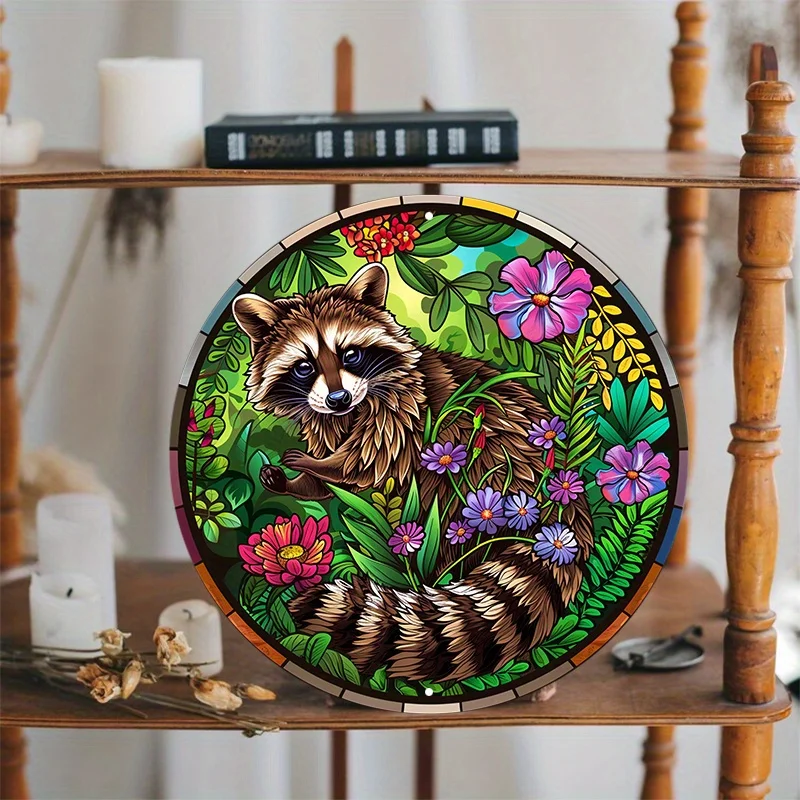 Aluminum Stained Glass Raccoon Wall Sign, HD Printing, Weather Resistant, Pre-Drilled Wall Art, Home Decor, 8x8Inch, 20x20cm 1Pc