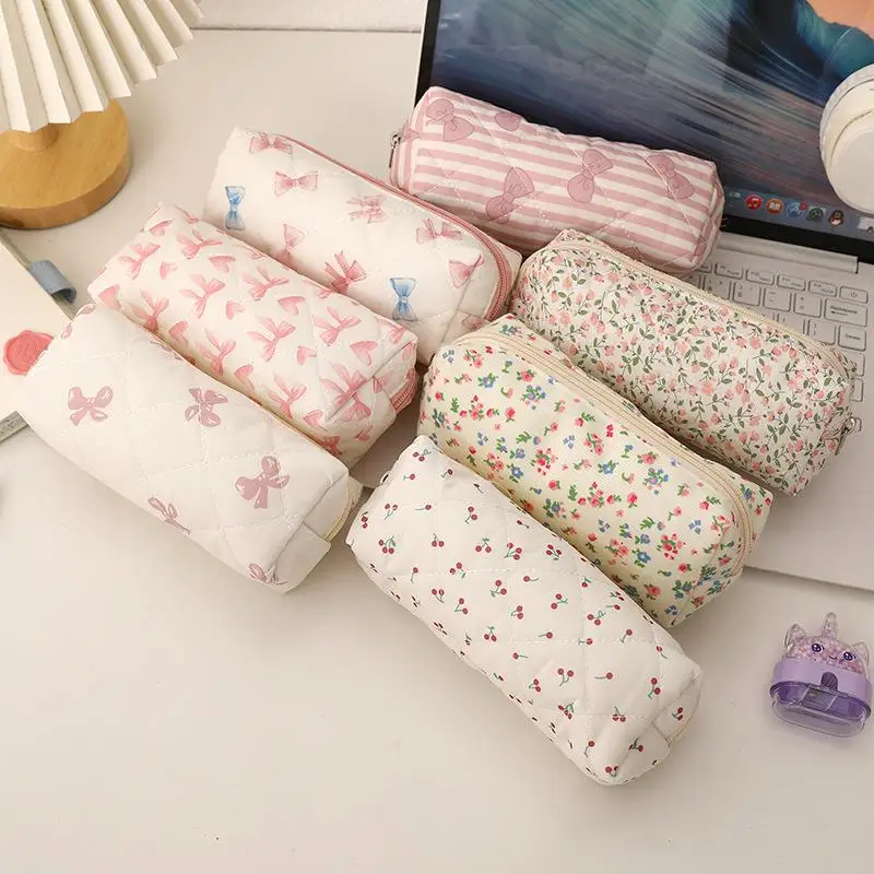

Sweet Cute Bow Floral Cherry Pencil Case Portable Large Capacity Student Stationery Storage Bag Pen Bag Girly Cosmetic Bag Gifts