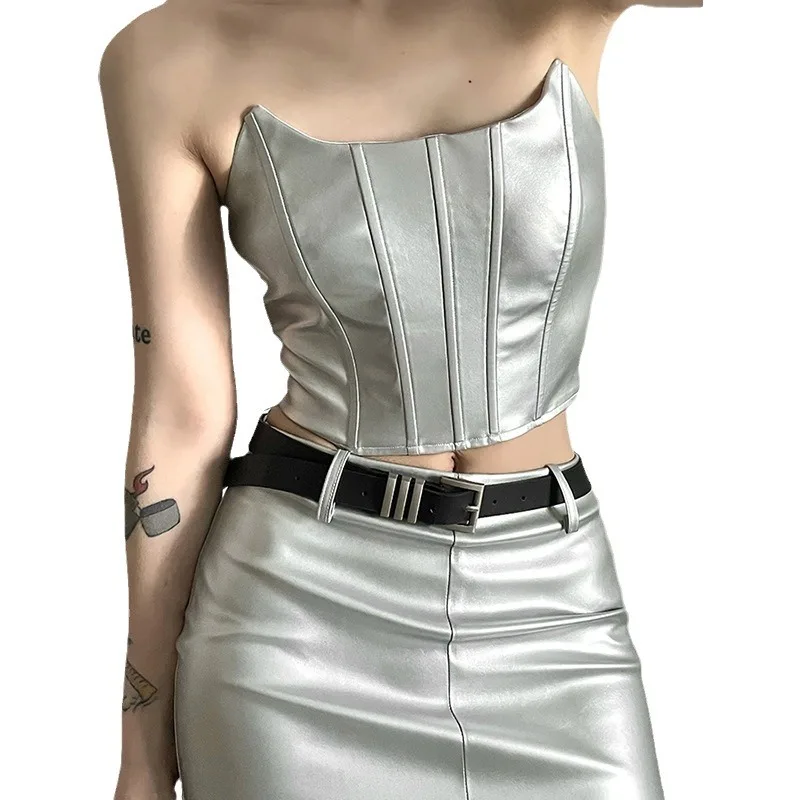 Personalized Explosive Street Silver Spicy Girl Fashion Suit, Women's Irregular Fishbone Splicing Strapless Tight Hugging Skirt