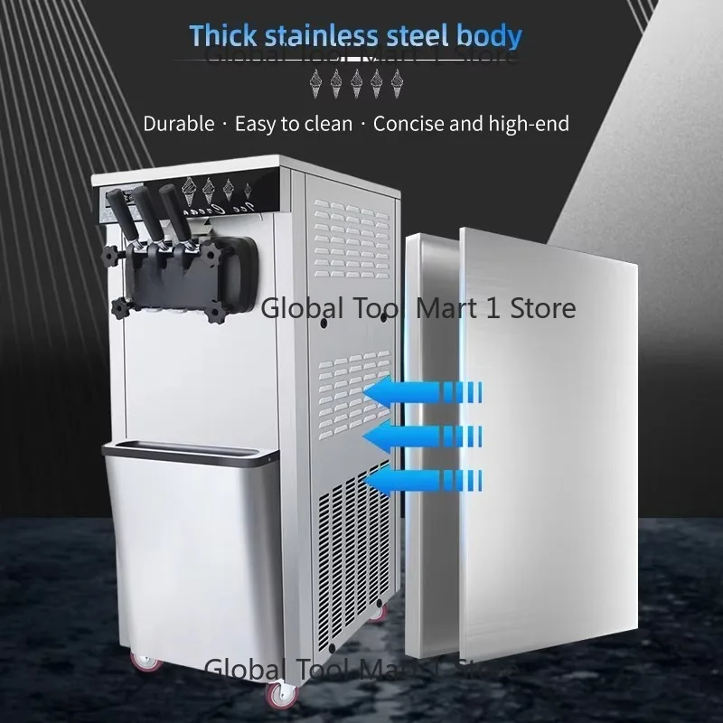 20L/H 1600W Com-me-rcial Ver-tical Soft Ice Cr-eam Mac-hine MUX 3 Flavor Frozen Yo-gurt Softy Cone Maker