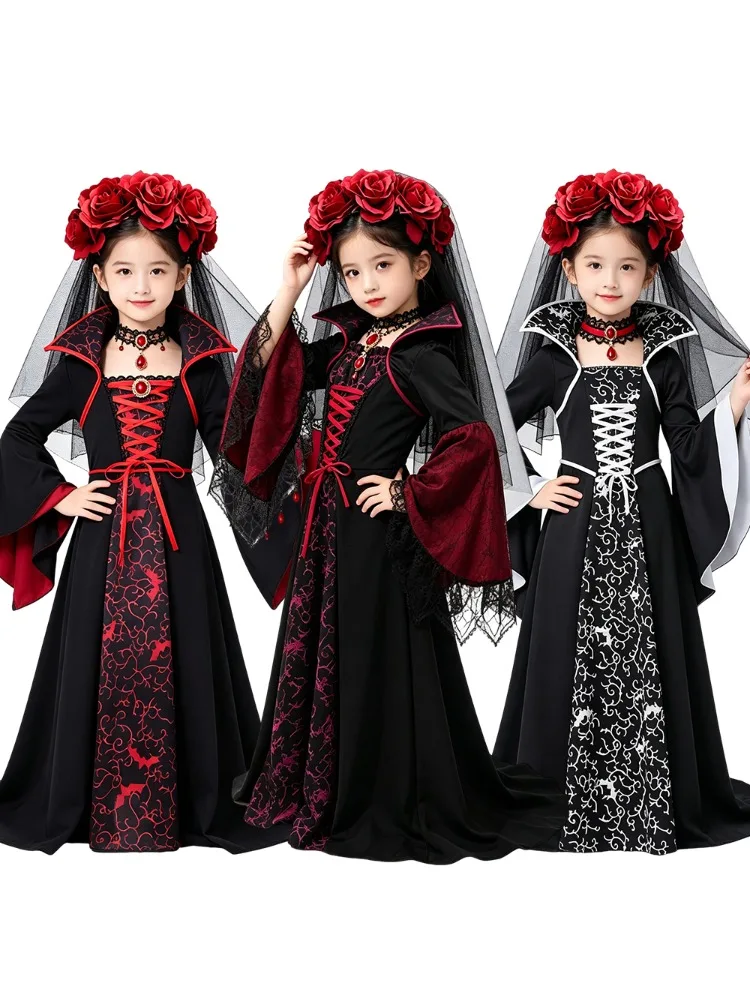 Mädchen Vampirbraut Cosplay Langes Kleid Kinder Gothic Rollenspiel-Outfit mit Blumenkopfschmuck Halloween Kostüm für Karneval