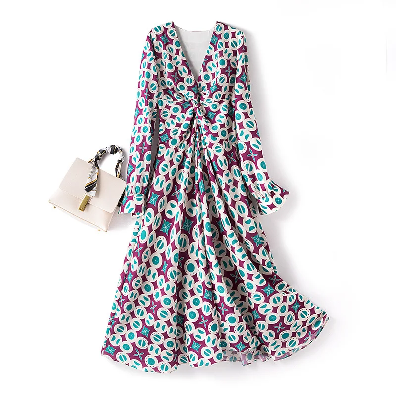 

Plus size women's chiffon dress autumn new micro sister for plump women V-neck printed dress 1569