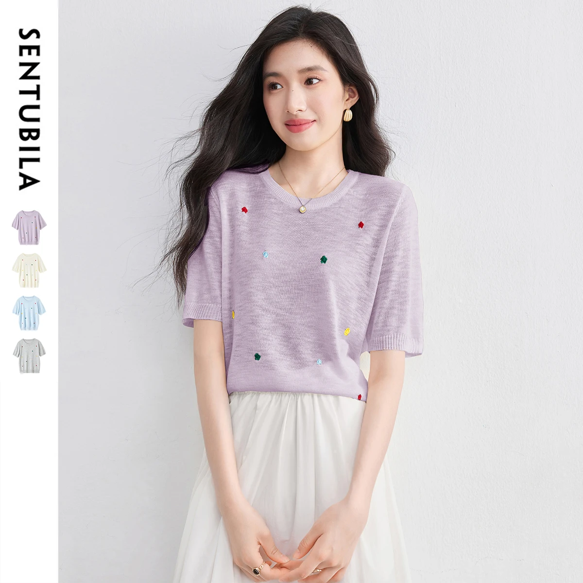 

SENTUBILA 2025 Women's Short Sleeve Knit Pullover Summer Knitwear Flower Embroidered Casual Sweaters Women Jumper Tops W52HE2188