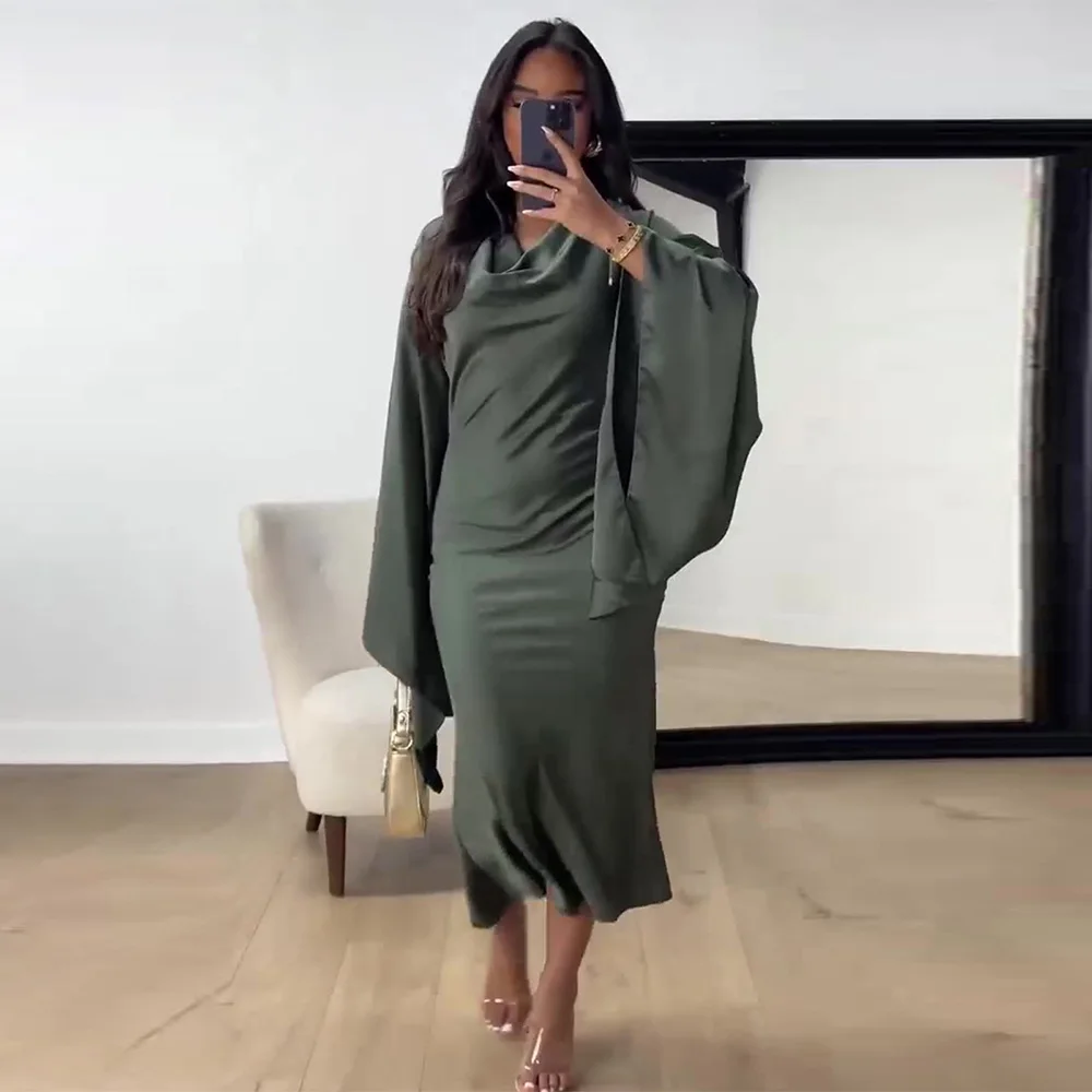 أنيقة الصلبة المرأة 2025 فساتين راقية طويلة الخفافيش كم سوينغ طوق Ruched شق عادية رسمية أنيقة فساتين لحفلات الكوكتيل