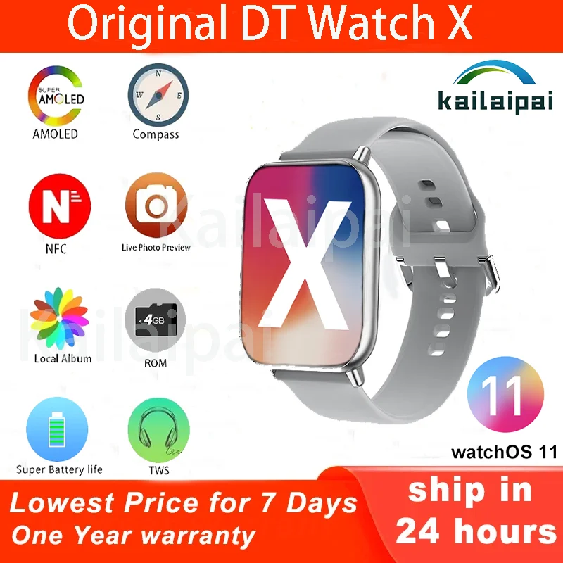 New DT watch X(10) Smart Watch 4GB ROM AMOLED Local Music Album TWS NFC ChatGPT Compass Men Women Smartwatch For Android Ios