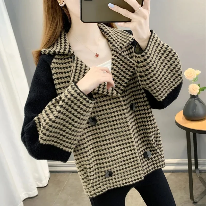 Female Short Xiaoxiangfeng Suit Coat Women Loose Fitting Houndstooth Tops Spring Autumn Lady Long Sleeves Cardigan Blazer Jacket