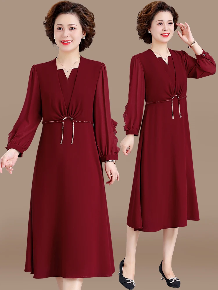 

Элегантное женское платье миди свободного кроя из полиэстера с круглым вырезом и длинными рукавами для свадеб и банкетов