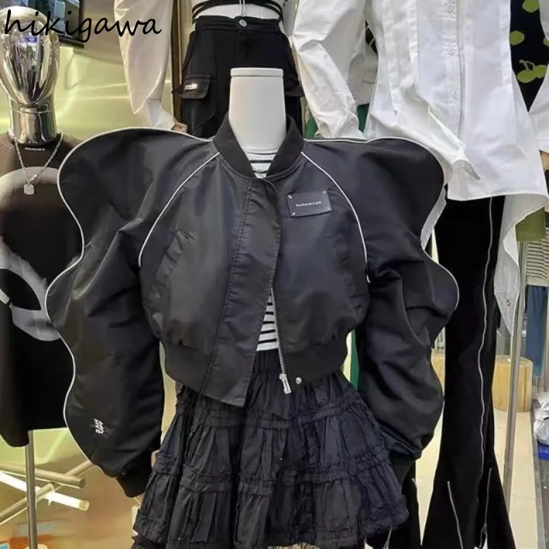 Chaquetas Harajuku con cuello redondo para Mujer, Tops Y2k con cremallera, moda urbana coreana, abrigos negros con cremallera, 2023