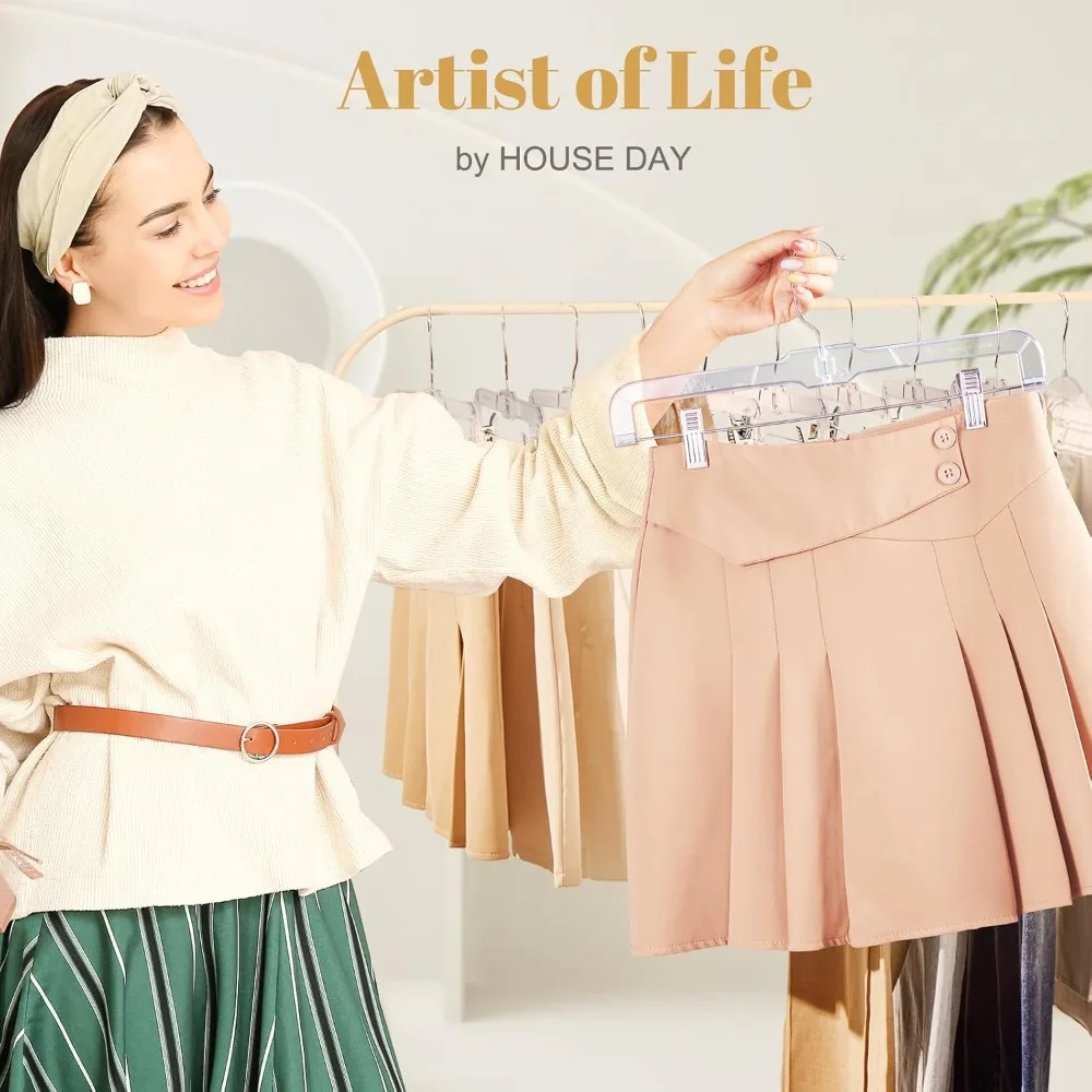 

100 Pack Skirt Hangers with Clips, Clear Plastic Pants Hangers with 2-Adjustable Clips，Non-Slip Clip Hanger for Pant, Skirts