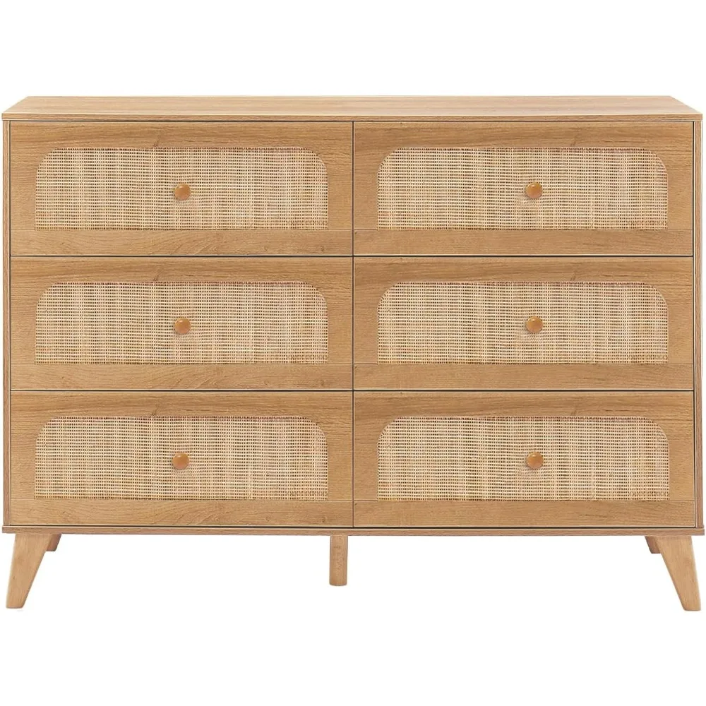 

6 Drawer Dresser,Rattan Dresser for Bedroom, Mid-Century Modern Organizer Dresser for Closet Bedroom