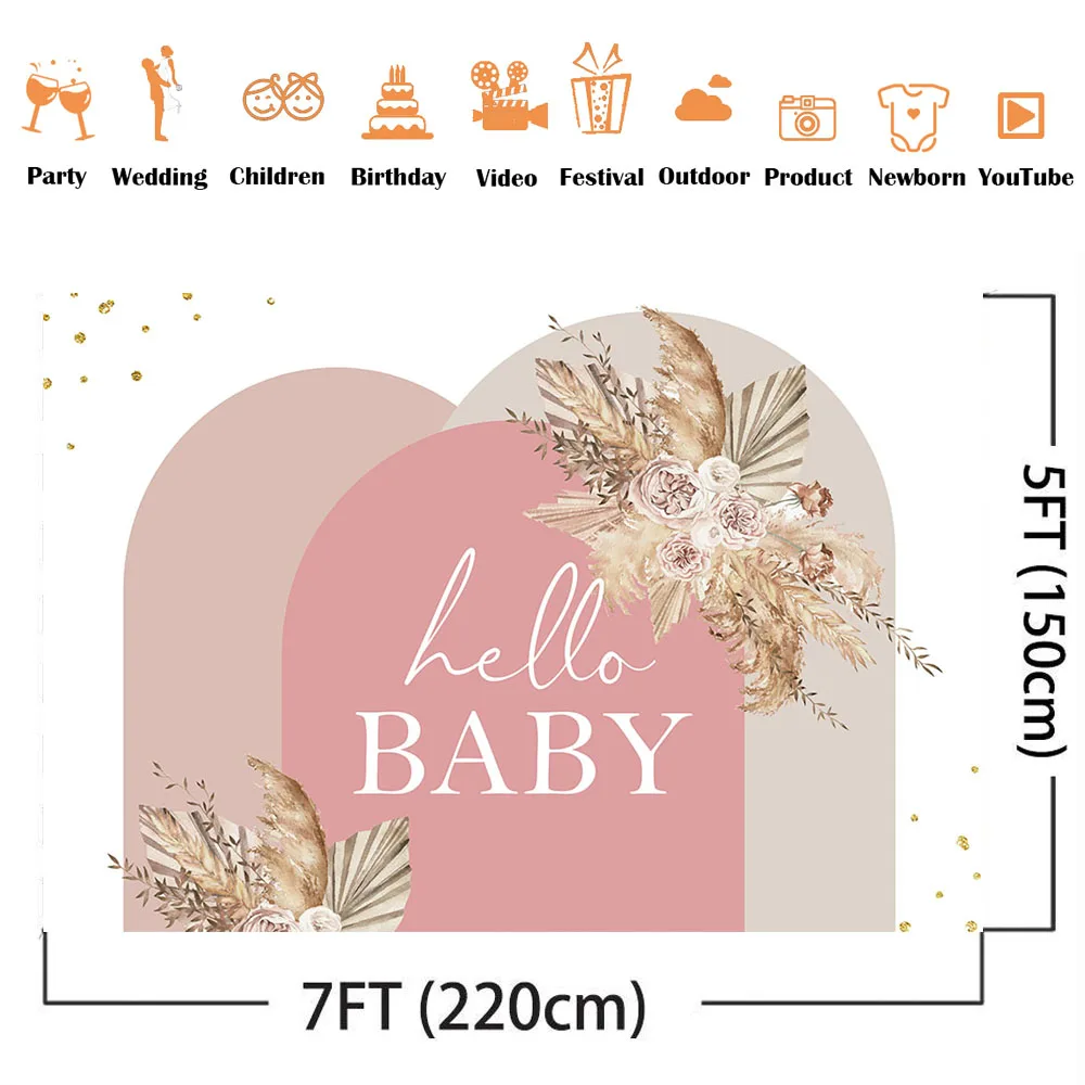 Boho Baby Shower Backdrop Pampas Grass Background for Baby Shower Pink Theme Decoration Hello Baby Floral Boho Party Supplies