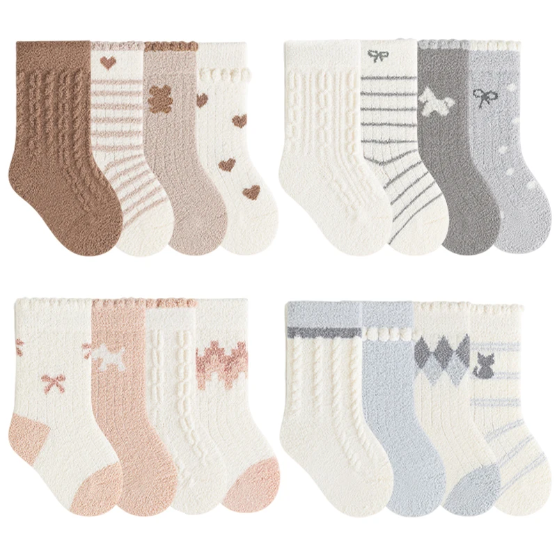 4 Pairs Warm Baby Girls Socks Fuzzy Coral Fleece Mid Calf Toddler Socks Thick Thermal Soft Infant Socks for Baby Girls Boys