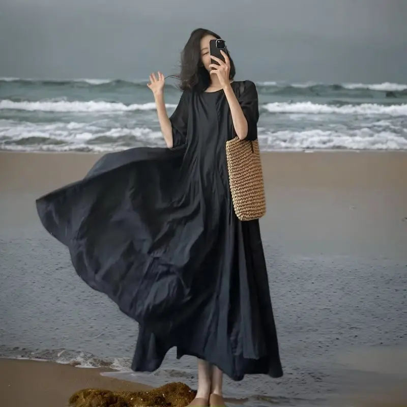 

Новинки весенне-летнего сезона: женское свободное платье из смеси хлопка и льна с короткими рукавами, модное повседневное элегантное свободное пляжное платье S186