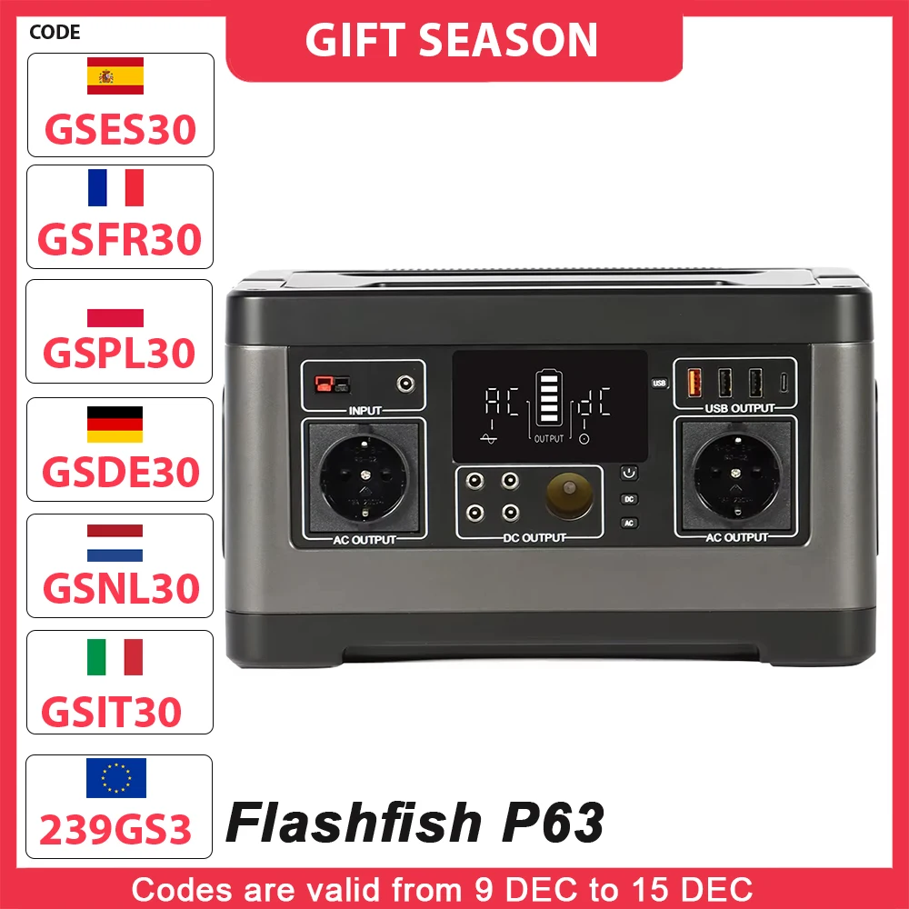 Flashfish P63 Portable Power Station, 520Wh/140400mAh Lithium Battery Solar Generator, 500W AC Output, 5xDC Ouputs, 4xUSB Output