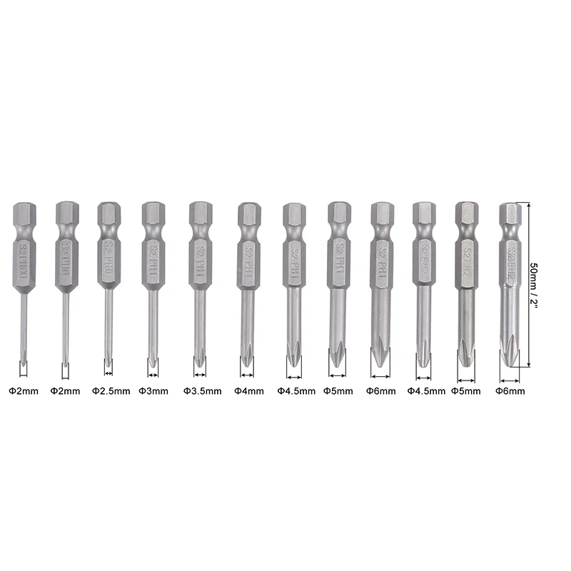 12Pcs PH00 - PH2 Phillips ข้อต่อไขควงชุดไขควงแม่เหล็กชุด Mata Bor Cross Mata Bor S 1/4นิ้ว Hex Shank 2นิ้วยาว