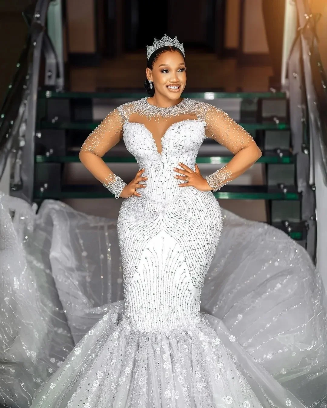 

Роскошное свадебное платье больших размеров по индивидуальному заказу, свадебные платья для невесты, иллюзия русалки, прозрачная шея, кружево из бисера, 3D Флора