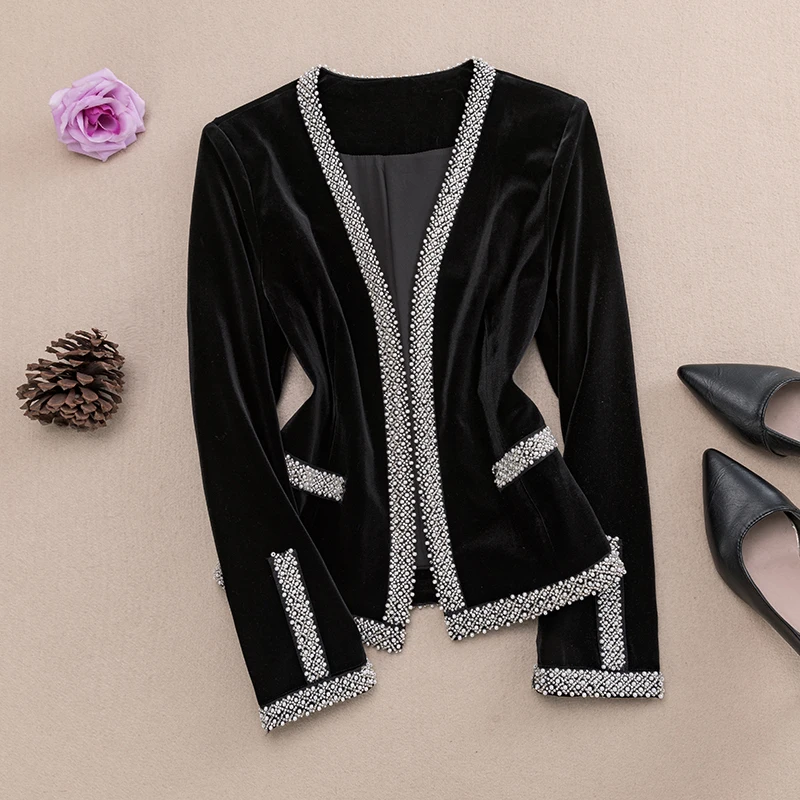 

High-End Velvet ort Suit Jaet Women's Spring Autumn New Slim Fit Two-Piece Set Pearl Embellied Ele Sle Outfit