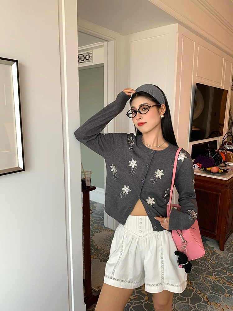 

Ay iny вязаный свитер с блестками, женский открытый кардиган с вышивкой, ранняя осень 2024, новинка весны и осени, джет с цветочным принтом