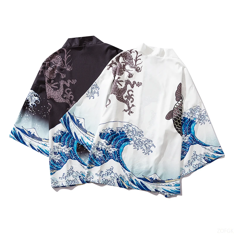 Retro Kanagawa Wave Carp Print Traditional Haori Role Playing Kimono Women Men Harajuku Japanese Fashion Cardigan