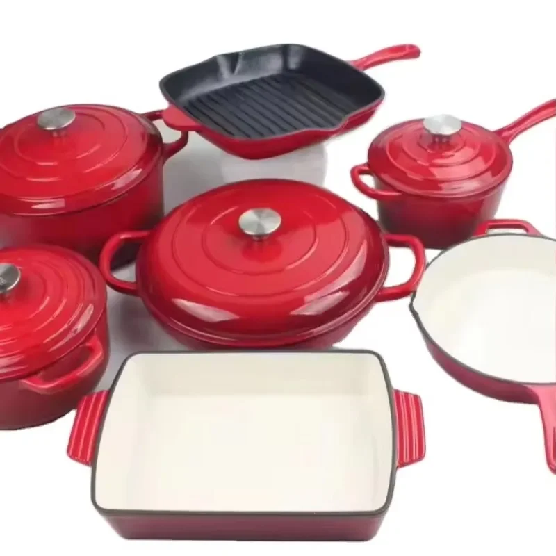 Juego de 7 piezas de cocina esmaltada, horno holandés, utensilios de cocina de hierro fundido, cazuela, sopa, ollas y sartenes