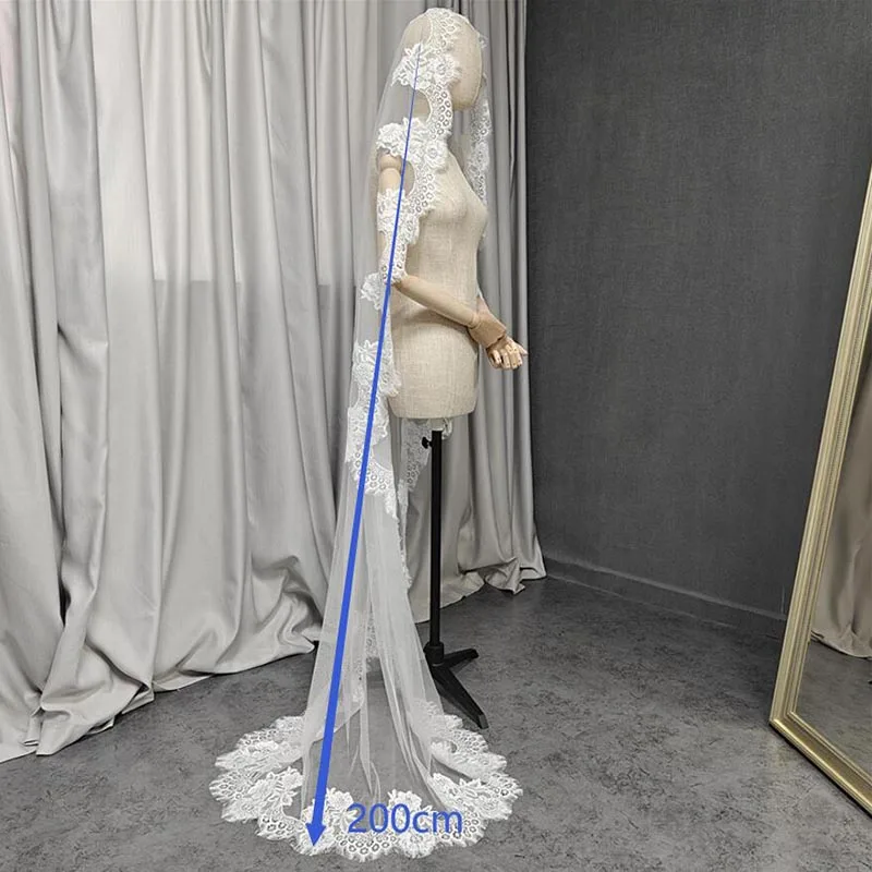 Customized Mantilla Veil with Eyelash Lace, 2m/2.5m/3m Single Tier Wedding Veil, Elegant Lace Ivory Bridal Veil with Hidden Comb