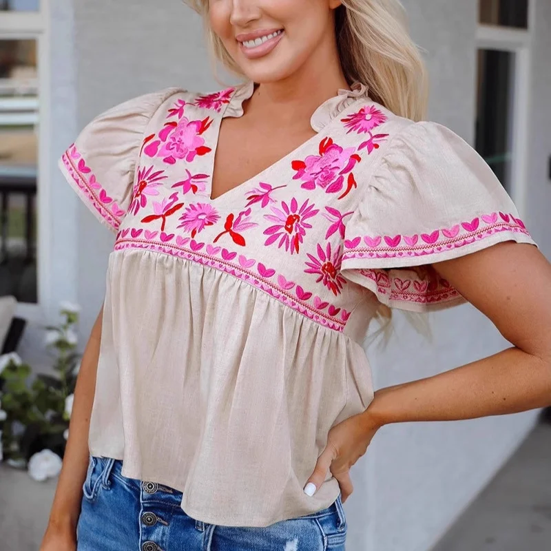 Losse ort Sve geborduurde irt V-Ne trui lente zomer nieuwe Sle n dames Faion vingertoplengte