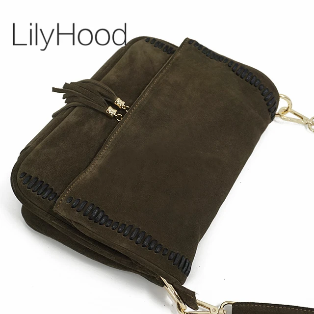 Borsa a tracolla laterale con frange e anello in nubuck in vera pelle scamosciata moda femminile per il tempo libero Borsa elegante quotidiana di