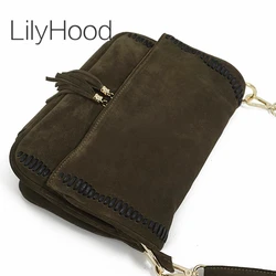 Female Fashion Suede Genuine Leather Nubuck Loop Fringed Side Shoulder Bag Leisure Za Designer Medium Size Daily Stylish Bag