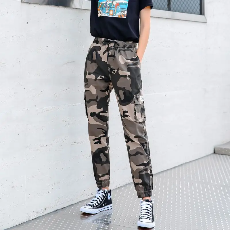 

Cotton Camouflage Pants Women Loose Summer High Waist Tappered Slimming Casual Tappered Sports Ankle-Length Pants