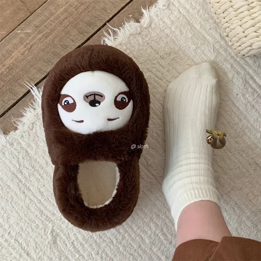 Indoor Cotton Slippers For Women Men Winter Warm Shoes Cute Cartoon Sloth Soft Plush Anti-slip Couples Home Floor Fluffy Shoes