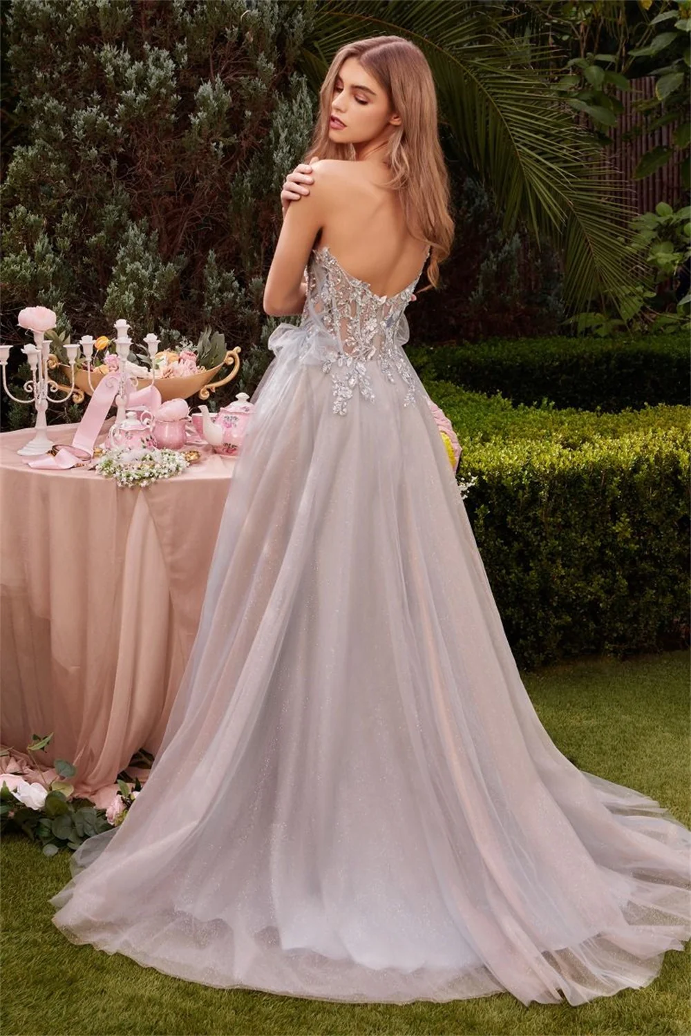 Sweetneart Lace Appliques Prom Dresses With Split Side Backless Sleeveless Sheer Corset Formal Party A-line Long Evening Gowns