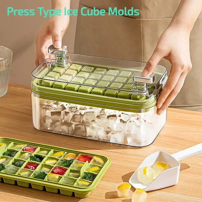 

Ice Cube Tray Container with Lid and Scoop 32&64 Grids Press Type Large Capacity Sealed and Easy to Clean Whiskey Ice Cube Mold