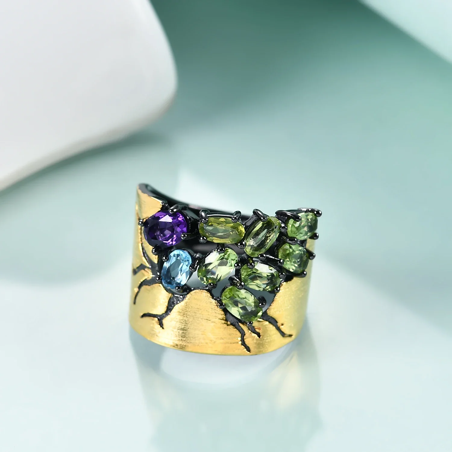 GEM'S BALLET Cocktail Ring 925 Sterling Silver Multi Color Natural Peridot Amethyst Topaz Handmade Rings For Women Fine Jewelry