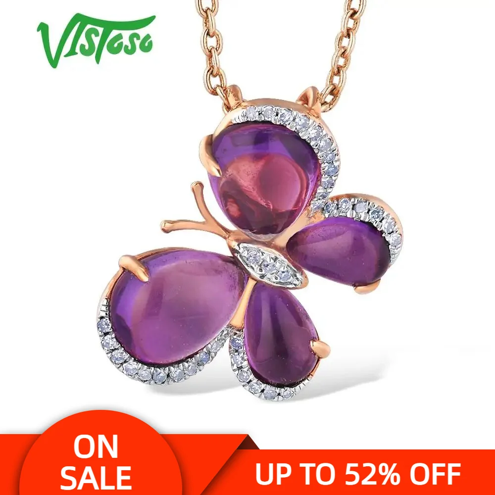 

VISTOSO Pure 14K 585 Rose Gold Pendant For Women limpid Amethyst Shiny Diamond Butterfly Ainimal Lovely Anniversary Fine Jewelry