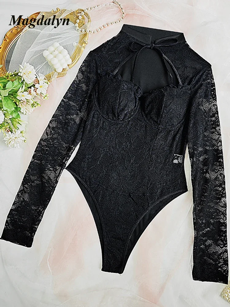 

Magdalyn женский цельный комбинезон кружевной облегающий комбинезон горячий сексуальный боди с длинными рукавами топ однотонный черный тонкий базовый комбинезон