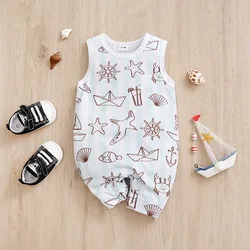 Summer Newborn Boys And Girls Cute Cartoon Vertical Stripe Ocean Full Print Comfortable Sleeveless Jumpsuit