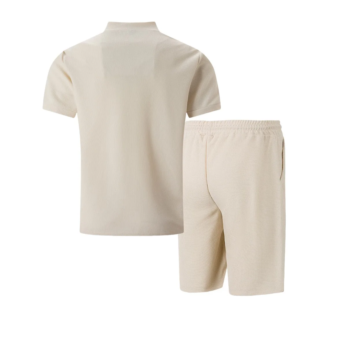 2025 summer new Europe and the United States men's casual Waffle solid color stand collar short sleeve shorts two sets
