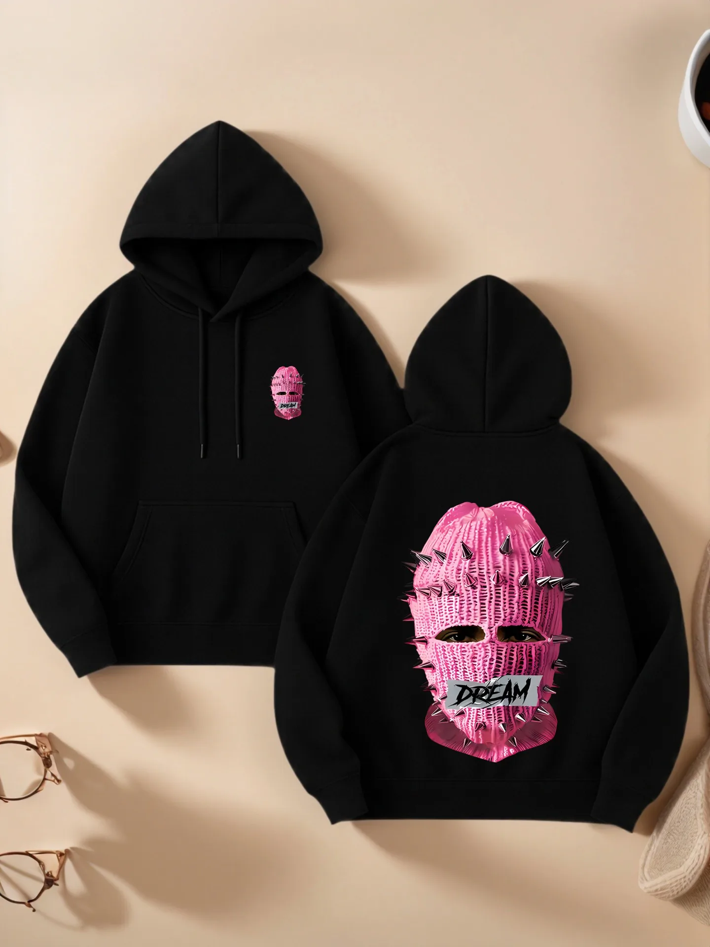 

Essential Hoodie, Dream - Mask Graphic Print, Streetwear Aesthetic, Soft Fabric, Casual Everyday Wear, For Teens