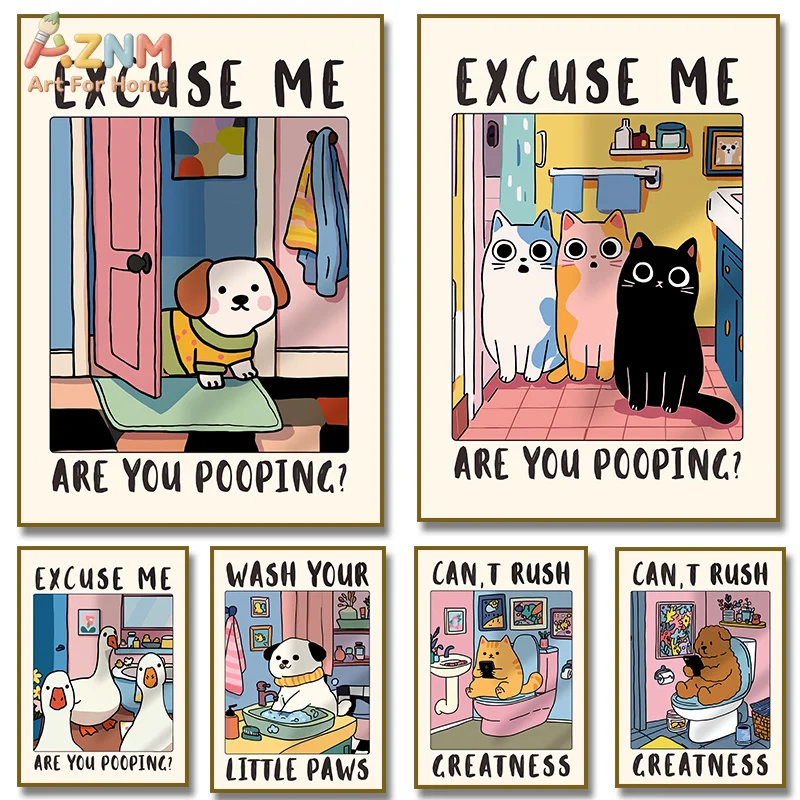 AZNM Funny Cartoon Pet Bathroom Canvas Wall Art Cute Cat Dog Duck Toilet Humor Quote Print Unframed Canvas Restroom Washroom Dec